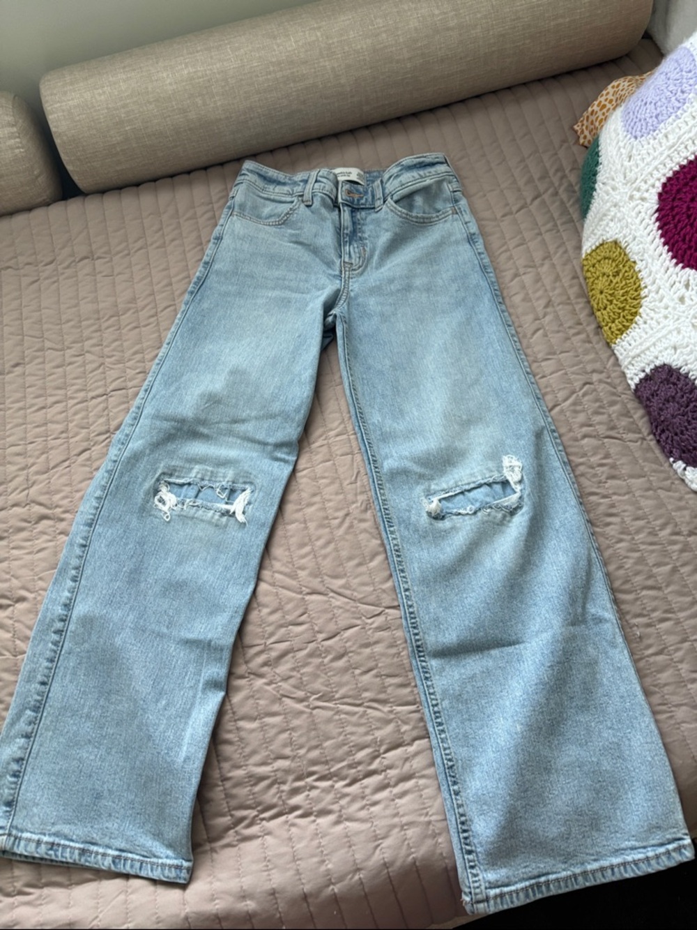 abercrombie kids light blue distressed wide-leg jeans